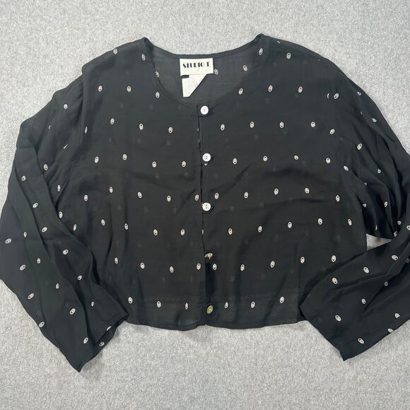 Studio I Vintage Sheer Cropped Blouse Womens 24W Black Dotted Long Sleeve Button - Picture 1 of 5